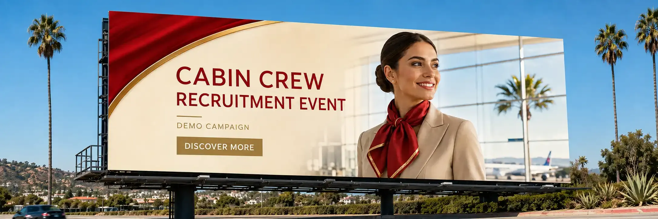 Display advertising billboard for airlines: Emirates Cabin Crew Open Day, Etihad Recruitment Event, Qatar Airways recruitment event, Philippine Airlines Cabin Crew Recruitment Event, Cebu Pacific Cabin Crew Recruitment Event and sponsored banners for airlines.