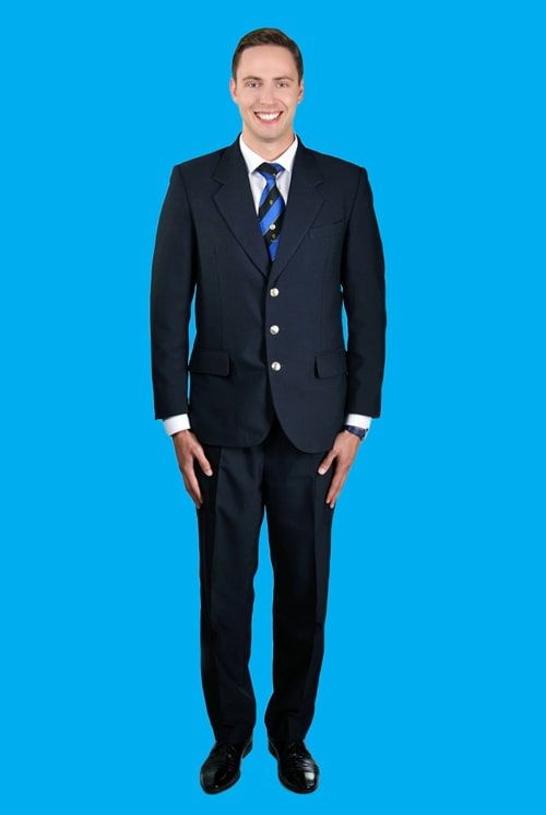 Qatar Airways full body formal on blue background